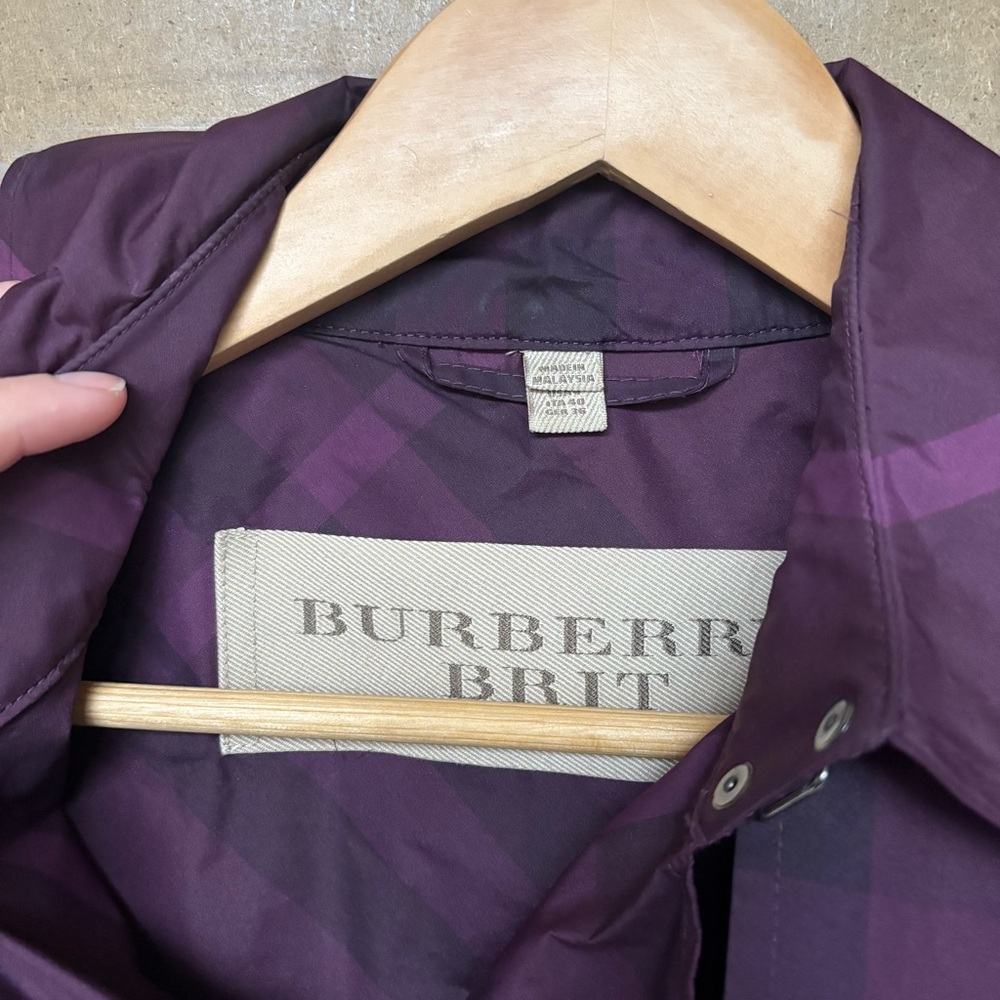 Burberry Brit Double Breasted Rain Coat Purple Novacheck Preppy Classic Womens 6 - Picture 8 of 11